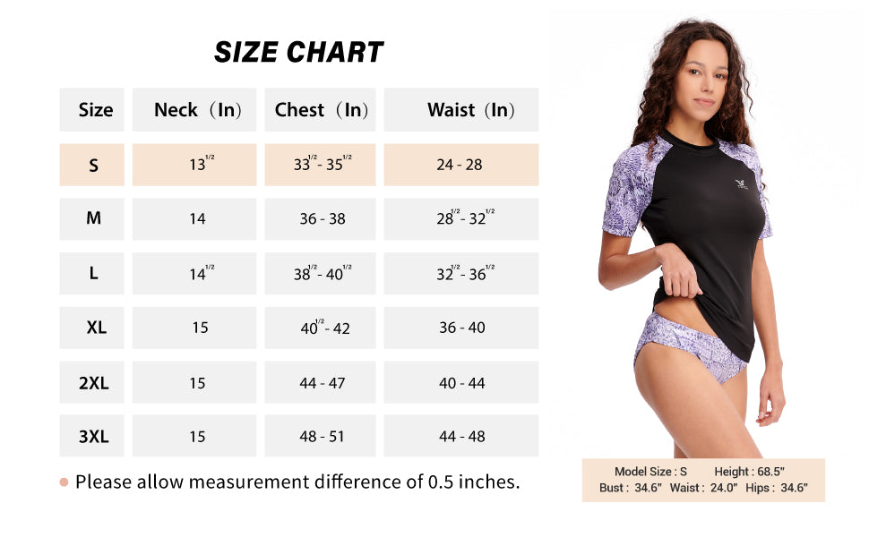 Women Short Sleeve Rash Guard Surf Shirt Size Chart