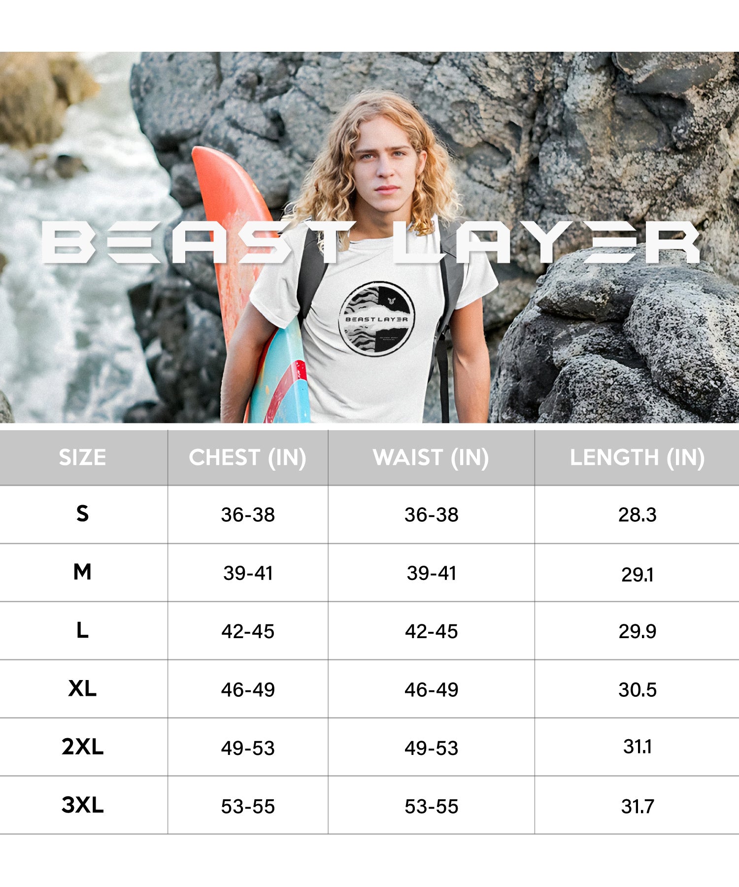 Men Beach T Shirt Surf Tee Hiking Beast Layer Size Chart