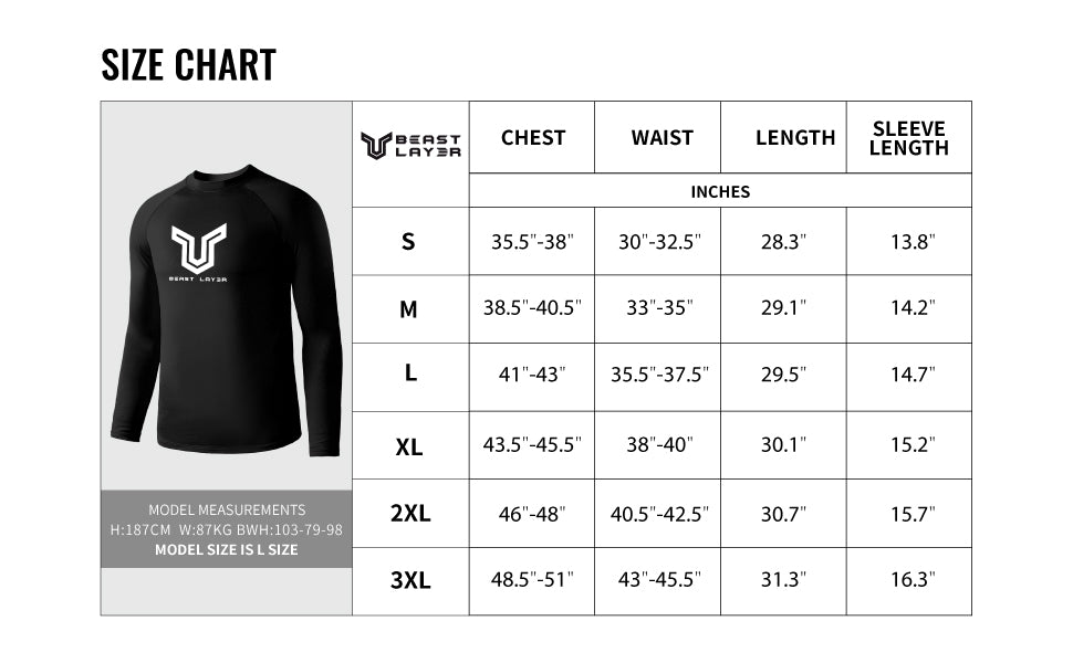 Men Surf Shirt Rash Guard Black Size Chart