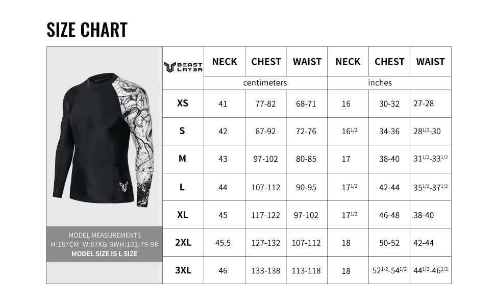 Men Rash Guard Beast Layer UPF50 Surf Shirt Sun Shirt Size Chart